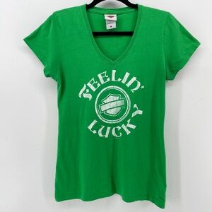 Harley Davidson Women’s V-Neck Shirt Green “Feelin’ Lucky” 100% Cotton M